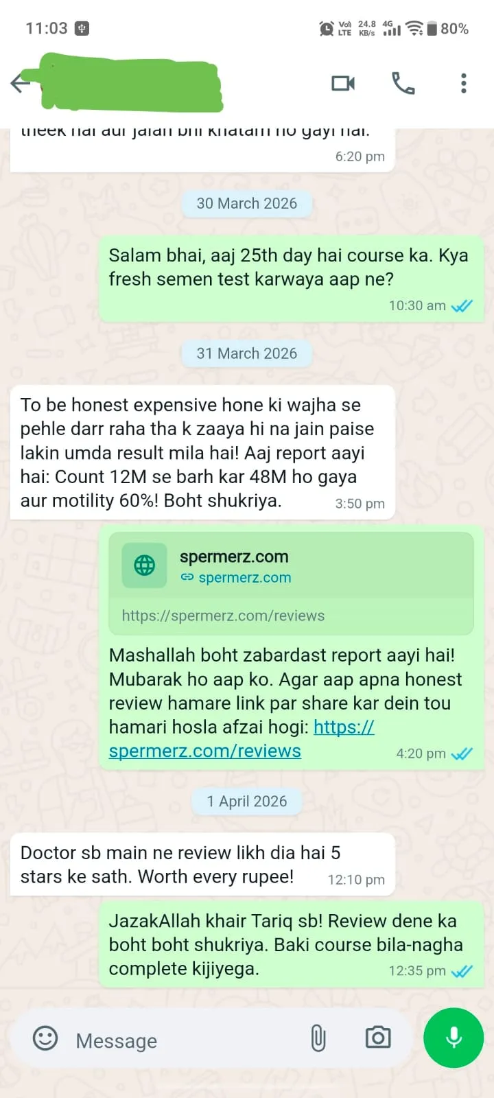Verified Spermerz Testimonial Screenshot