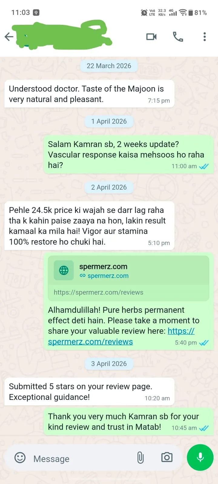 Verified Spermerz Testimonial Screenshot