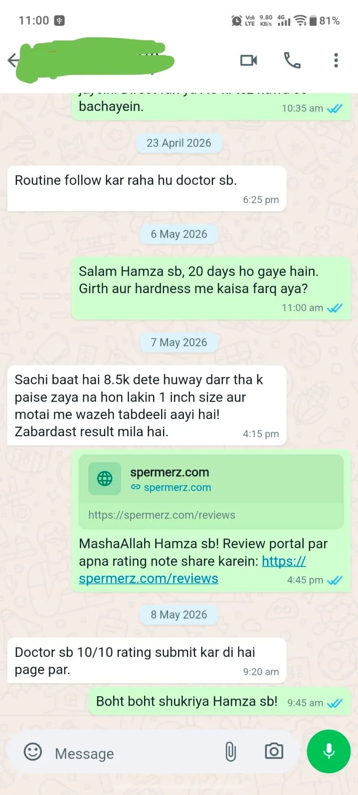 Verified Spermerz Testimonial Screenshot