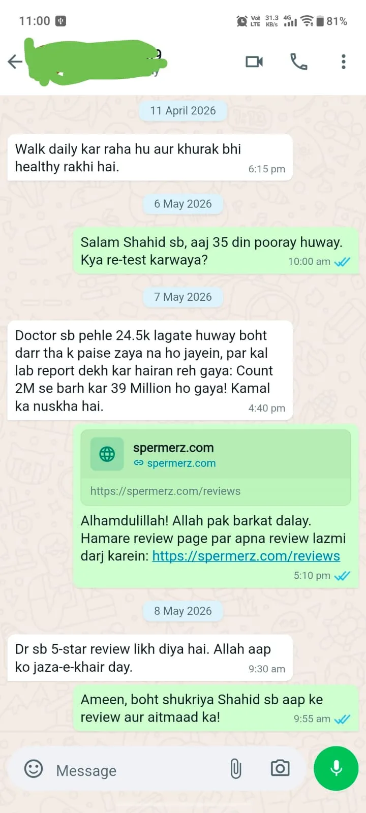 Verified Spermerz Testimonial Screenshot