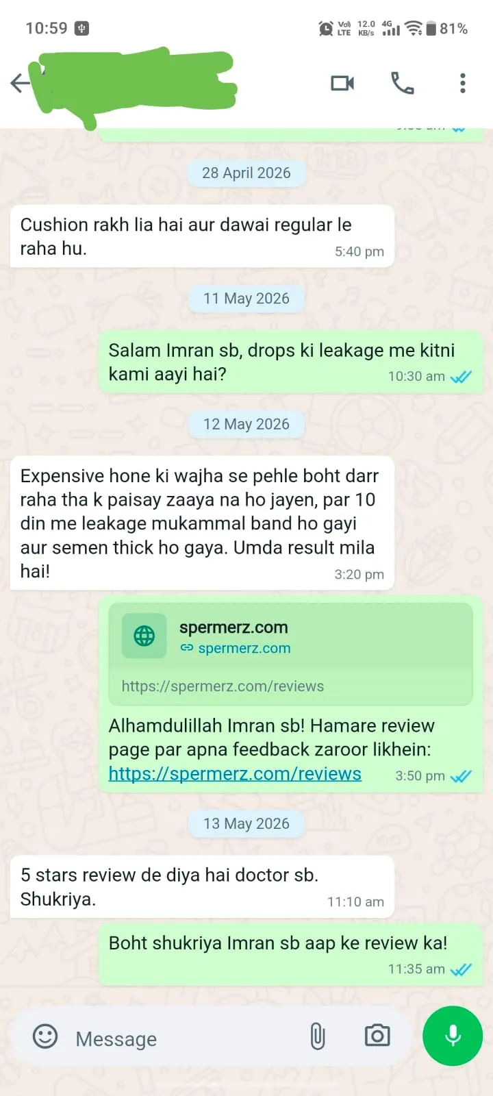 Verified Spermerz Testimonial Screenshot