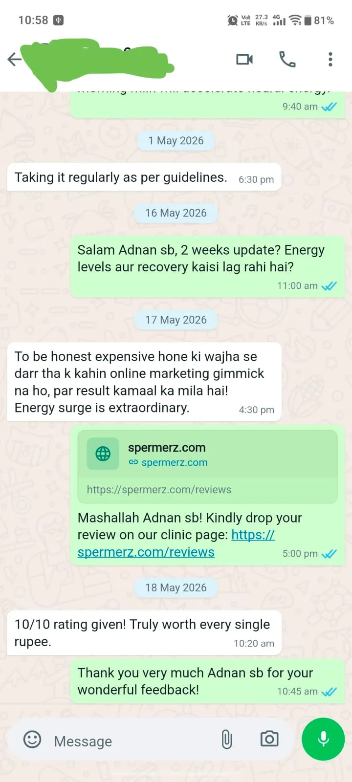 Verified Spermerz Testimonial Screenshot