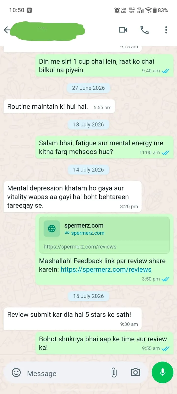 Verified Spermerz Testimonial Screenshot