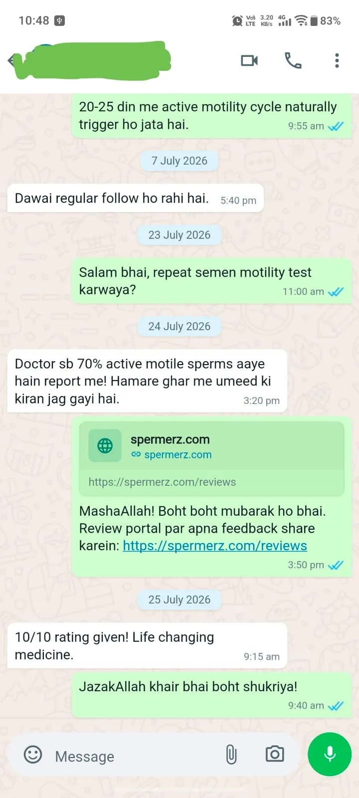 Verified Spermerz Testimonial Screenshot