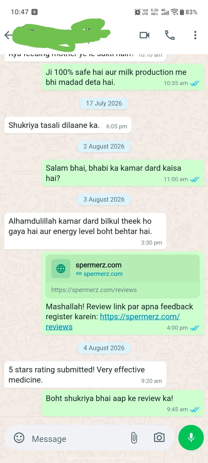 Verified Spermerz Testimonial Screenshot